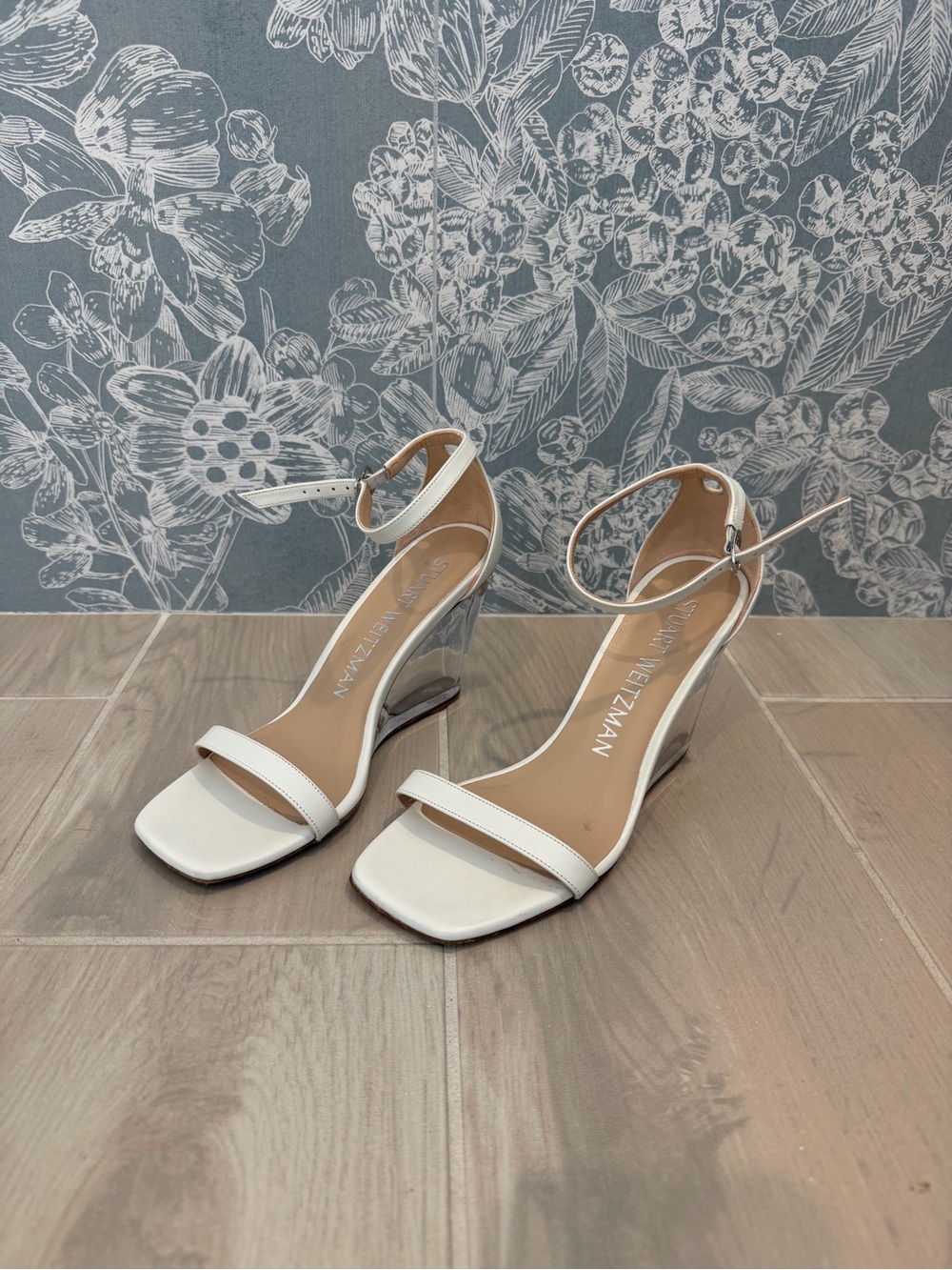 Stuart Weitzman White Ankle-Strap Clear Wedge Sandals